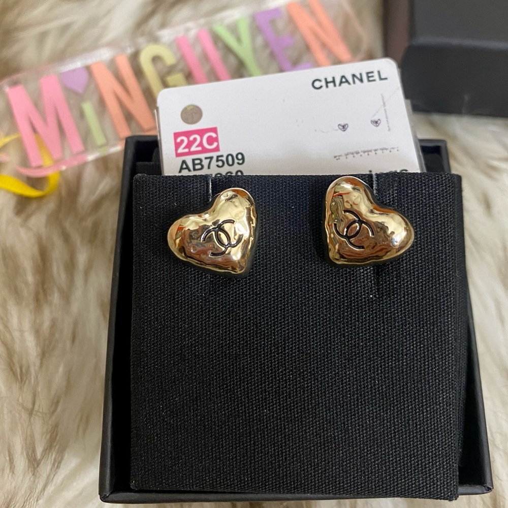 Authentic Chanel Gold Heart Studs Earrings